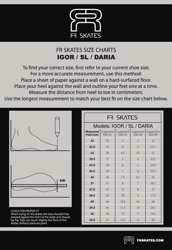 SIZE CHARTS FR IGOR SL SL7 DARIA